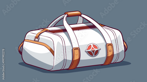 White duffel bag on a gray background with a minimalist design.