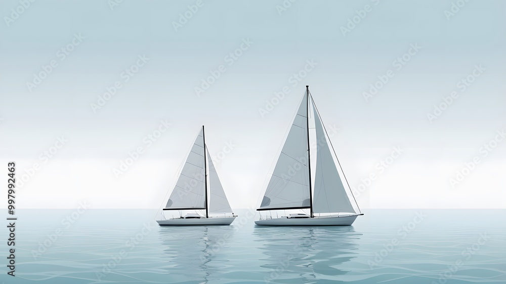 Fototapeta Two minimalist sailboats sailing on calm ocean with clear sky background
