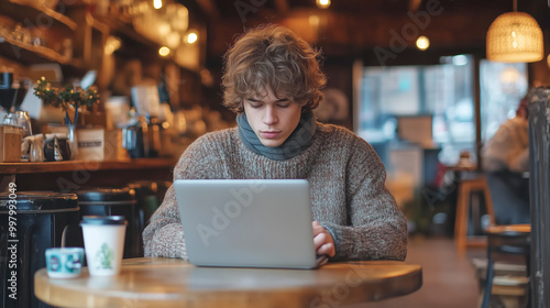 Man working on laptop in cafe.