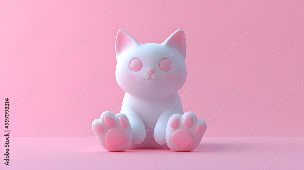 3D pastel cat sitting with a raised paw icon with rounded features placed on a plain background 3D pastel cat sitting with a raised paw icon with rounded features placed on a plain background