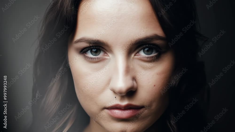 Intense female portrait with expressive eyes and subtle makeup Intense female portrait with expressive eyes and subtle makeup