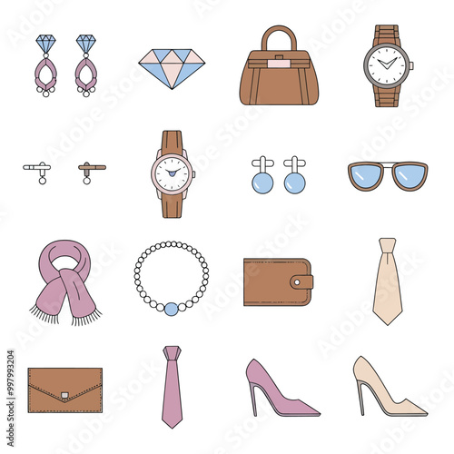 illustrations vector icon for luxury accessories set , jewelry ,handbag , fashionable , watch ,tie .
