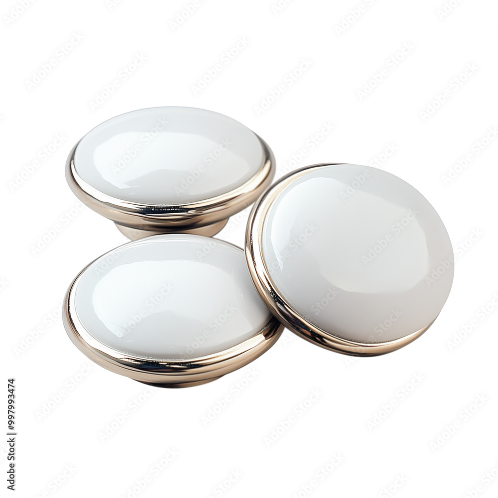 Three white, plastic, circular buttons with silver trim, in a clip art style, isolated on a transparent background Three white, plastic, circular buttons with silver trim, in a clip art style, isolated on a transparent background