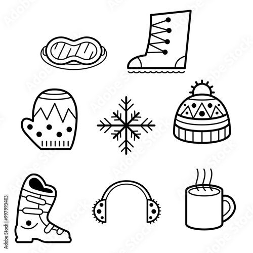 Série de pictogrammes sur le thème sport d'hiver et accessoires de ski, vecteur sur fond transparent, boire une tasse de chocolat chaud avec ses moufles, son bonnet et ses bottes en bas des pistes