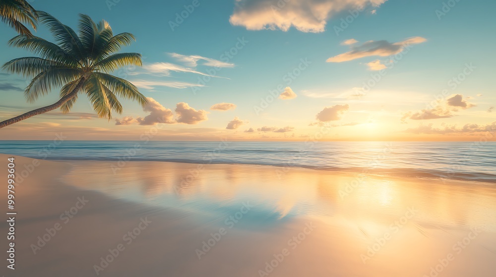 Tranquil Summer Beach at Sunrise with Palm Trees and Golden Light Tranquil Summer Beach at Sunrise with Palm Trees and Golden Light