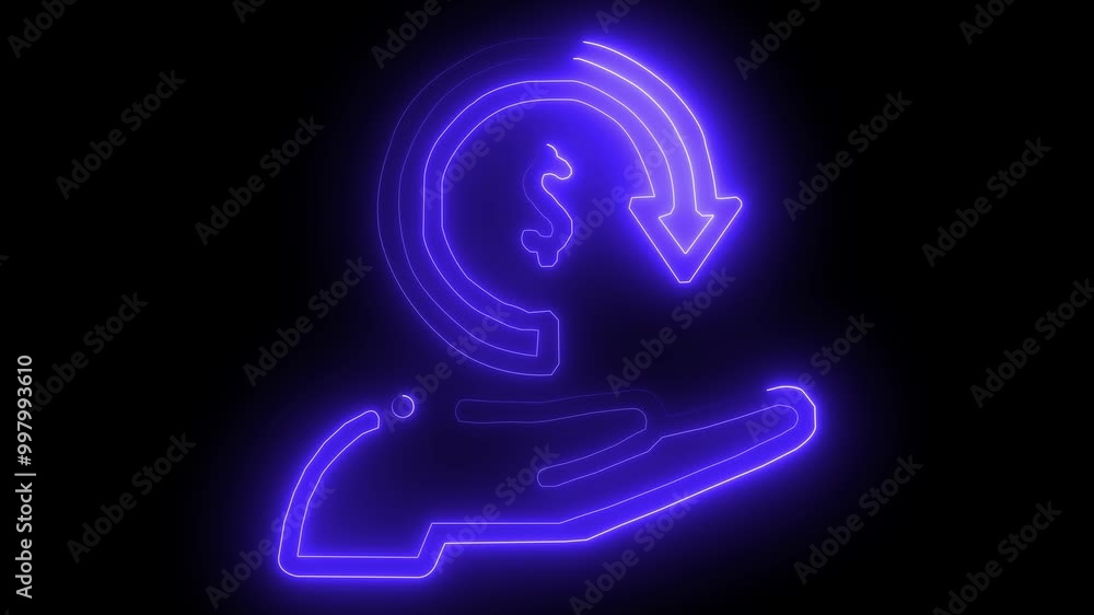 Glowing neon icon dollar and hand icon save money icon, salary money, invest finance blue background .icon hand video Glowing neon icon dollar and hand icon save money icon, salary money, invest finance blue background .icon hand video