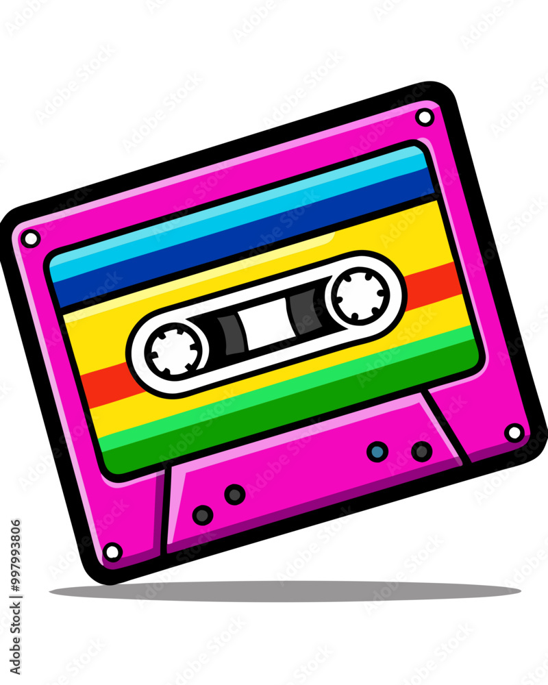 Pink Retro Cassette Tape: A vibrant, cartoon-style illustration of a ...