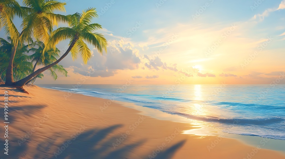 Obraz premium Tranquil Summer Beach at Sunrise with Palm Trees and Golden Light