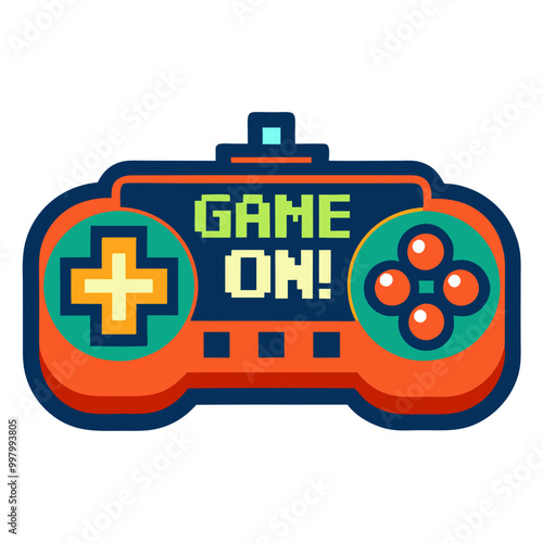 Retro Game Controller with "Game On!" Pixelated Text: A bright and colorful illustration of a classic game controller in a retro pixelated style.