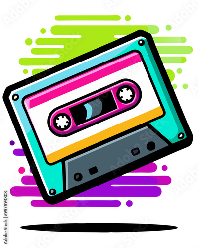 Retro Cassette Tapes: A vibrant and stylish illustration of a classic cassette tape, evoking a sense of nostalgia and vintage charm. Perfect for music lovers, 80s and 90s aesthetic.
