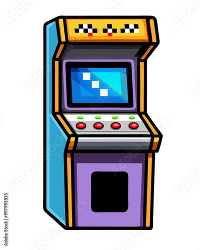 Retro Arcade Game: A colorful and pixelated illustration of a classic arcade game cabinet, complete with a checkered pattern on the top and a screen displaying a retro-style game.
