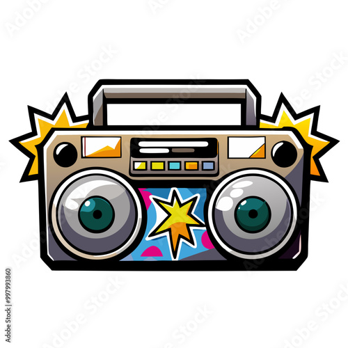 Boombox Blast: A classic boombox, bursting with vibrant colors and energy, capturing the spirit of the 80s and 90s. This retro illustration evokes nostalgia and a sense of fun.