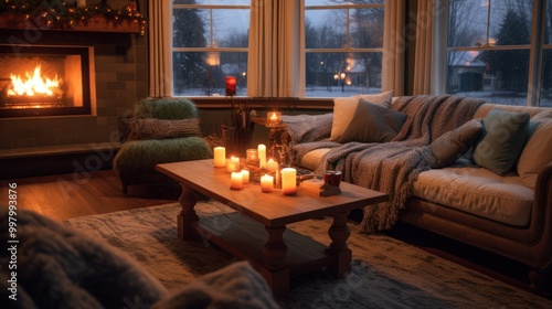 Cozy Living Room with Warm Candlelight and a Fireplace