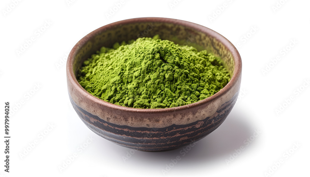 Bowl of matcha powder isolated on white Bowl of matcha powder isolated on white