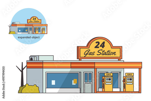 Vector illustration of gas station building with editable outline