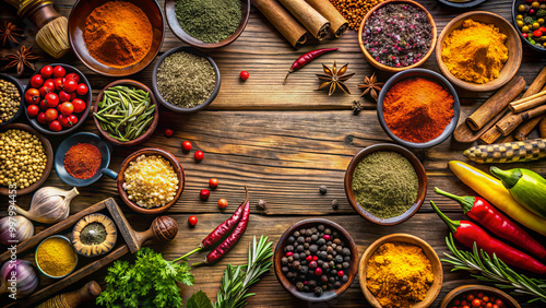 A colorful assortment of spices and herbs fills wooden bowls on a rustic table, reflecting diverse culinary traditions and the rich flavors of cooking