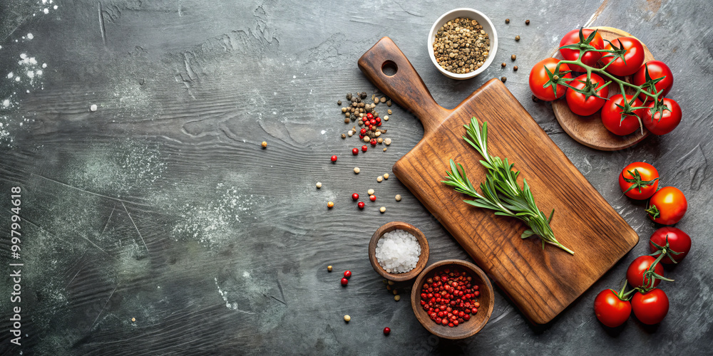 A wooden cutting board displays fresh tomatoes and rosemary, surrounded by bowls of various spices and salt on a rustic kitchen countertop A wooden cutting board displays fresh tomatoes and rosemary, surrounded by bowls of various spices and salt on a rustic kitchen countertop