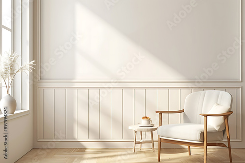 A white armchair with a wooden frame sits in a bright living room, bathed in natural light. photo