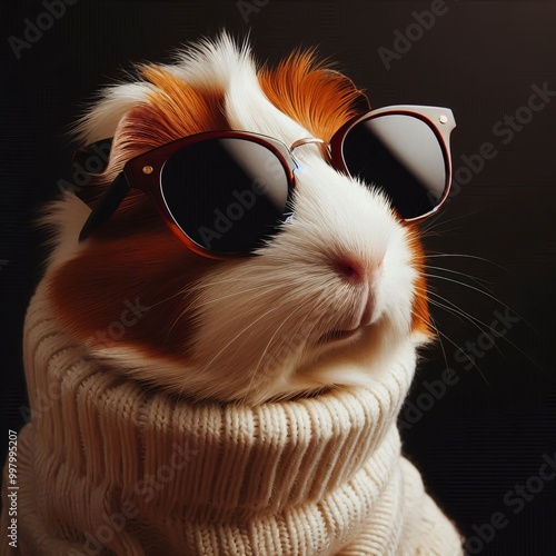 A cool Guinea Pigs wearing sunglasses and sweater, isolated on solid dark background photo