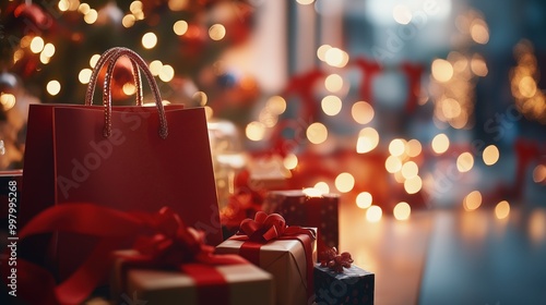 Shopping bagon a table with gift boxes decorated with ribbon bows, blured garland lights. Warm  Christmas vibes atmosphere in gift shop. Cozy winter holiday evening scene photo