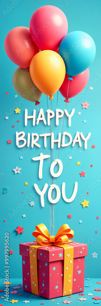 Holiday card. Colorful birthday balloon with the message Happy Birthday To You and a large gift box with a ribbon, set against a blue background with stars. Holiday card. Colorful birthday balloon with the message Happy Birthday To You and a large gift box with a ribbon, set against a blue background with stars.