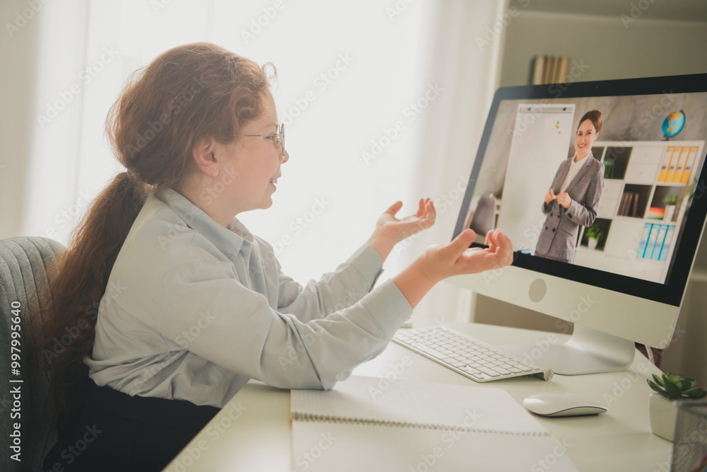 Photo of cute adorable clever girl learner wearing uniform study from home video course flat daylight indoors Photo of cute adorable clever girl learner wearing uniform study from home video course flat daylight indoors