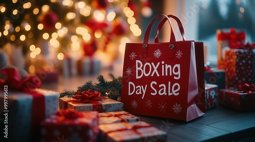 Red shopping bag Boxing Day Sale on a table with gift boxes decorated with ribbon bows, fairy lights in backgrond. Warm lighting, festive Christmas atmosphere. Cozy winter holiday vibes scene photo