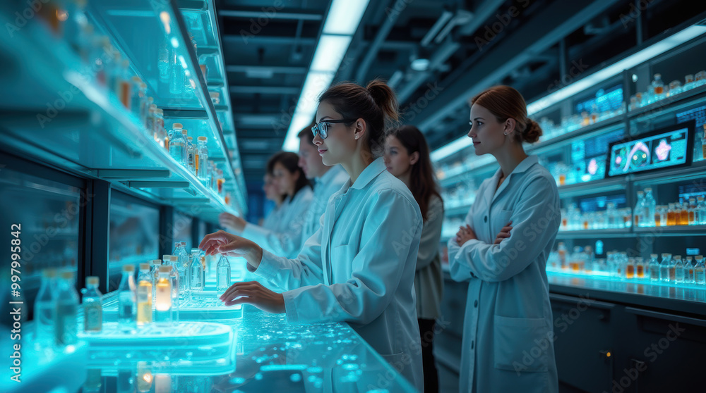 Scientists in an advanced laboratory conducting life extension research with diverse team members engaged in collaborative experiments Scientists in an advanced laboratory conducting life extension research with diverse team members engaged in collaborative experiments