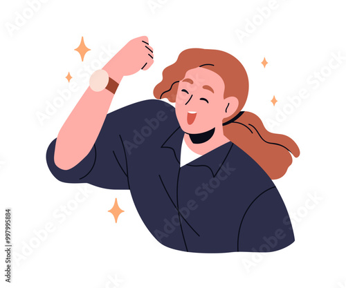 Happy excited woman celebrating success with winning fist, hand gesture. Victory and achievement celebration. Smiling person in excitement. Flat vector illustration isolated on white background