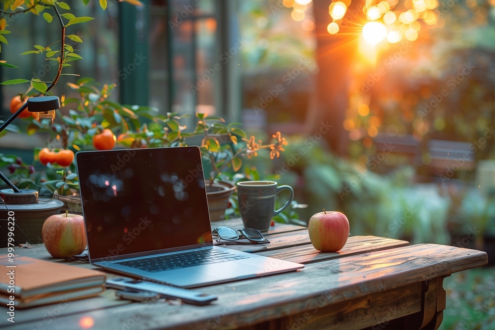 A calm garden workspace features a laptop, apples, and a steaming cup of coffee as the sun sets, casting a warm glow A calm garden workspace features a laptop, apples, and a steaming cup of coffee as the sun sets, casting a warm glow
