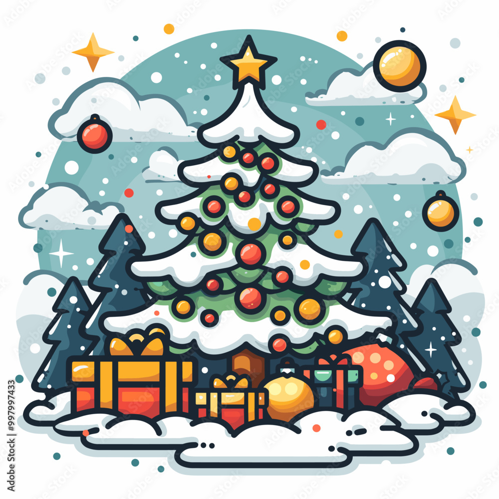 Fototapeta premium Christmas tree with gift boxes. Merry Christmas and Happy New Year greeting card.