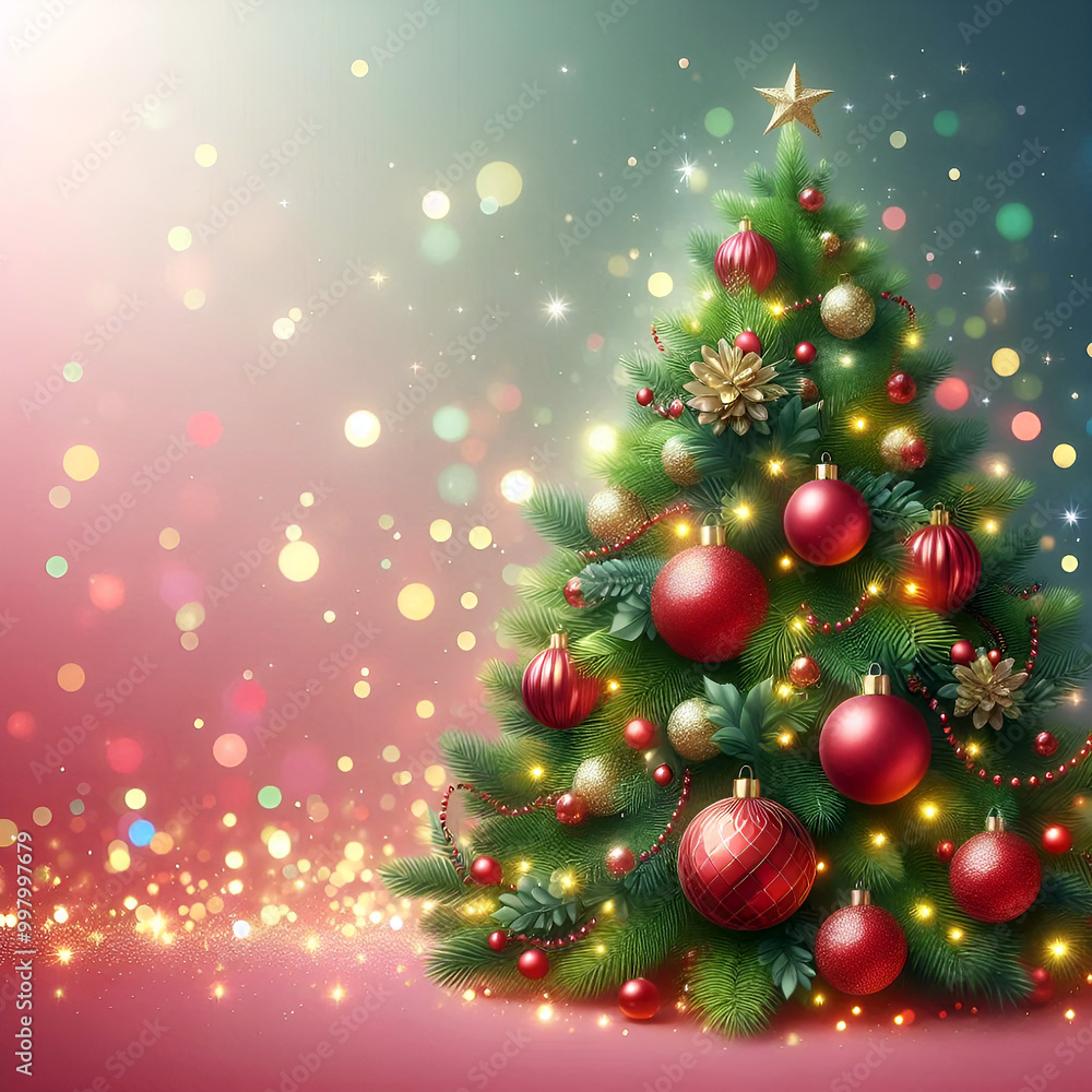 Festive Christmas Background with Tree, Red Baubles, and Twinkling Lights Festive Christmas Background with Tree, Red Baubles, and Twinkling Lights
