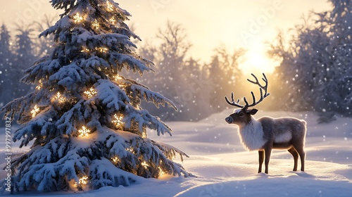 Reindeer playing around a snow-covered Christmas tree