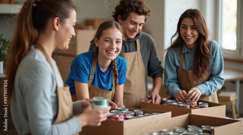 Teens volunteering at a local food bank packing canned goods and enjoying their time together