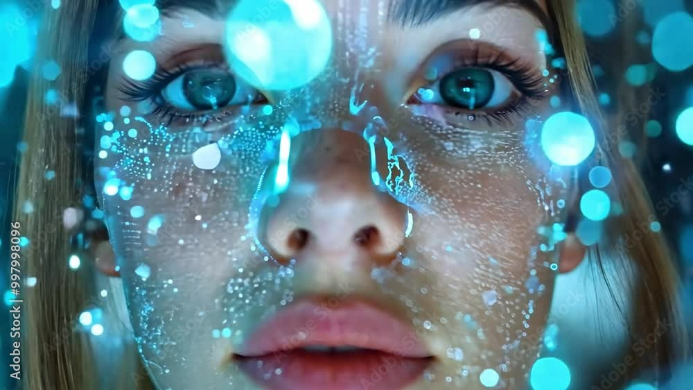 A young woman is illuminated by glowing digital patterns projected onto her face, creating an ethereal effect in a dark surroundings. A young woman is illuminated by glowing digital patterns projected onto her face, creating an ethereal effect in a dark surroundings.