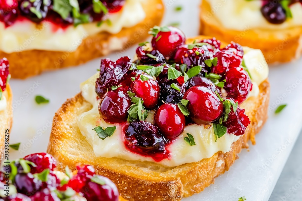 toasted crostini topped with melted brie cheese, cranberries, and herbs toasted crostini topped with melted brie cheese, cranberries, and herbs