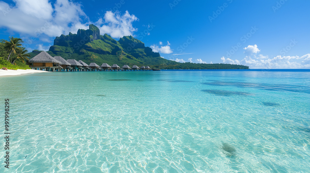 Fototapeta premium Malownicza laguna, otoczona bujną roślinnością, zachwyca swoimi krystalicznie czystymi wodami, które mienią się odcieniami turkusu i błękitu.