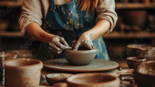 A skilled potter is at work on her wheel. ceramics studio. up close.
 photo