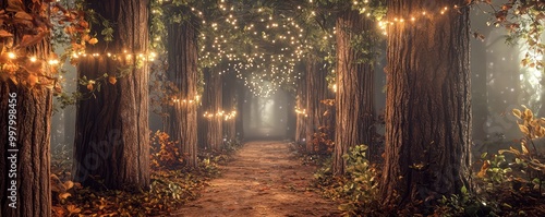 Home office with an enchanted forest theme, featuring tree trunk columns, foliage canopies, and fairy lights Magical and immersive