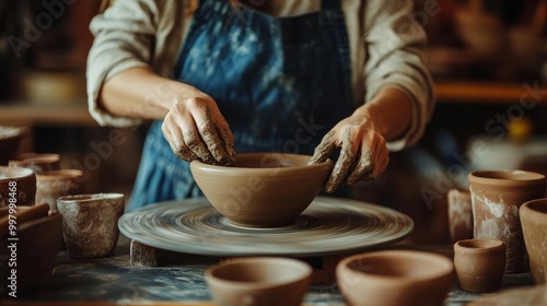 A skilled potter is at work on her wheel. ceramics studio. up close.
 photo