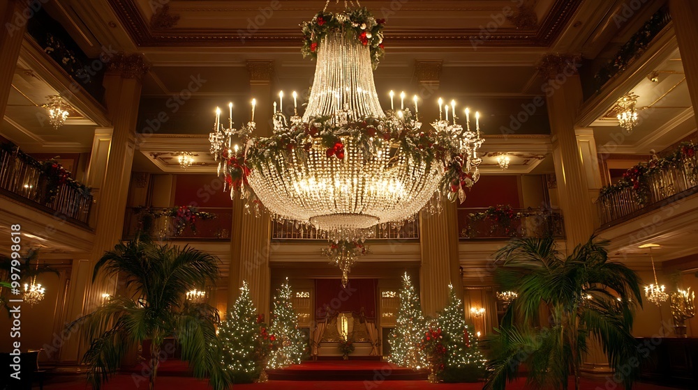 Fototapeta premium A grand chandelier adorned with mistletoe and crystal icicles hanging in a grand ballroom
