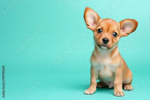 A small brown puppy with big ears is sitting on a green background