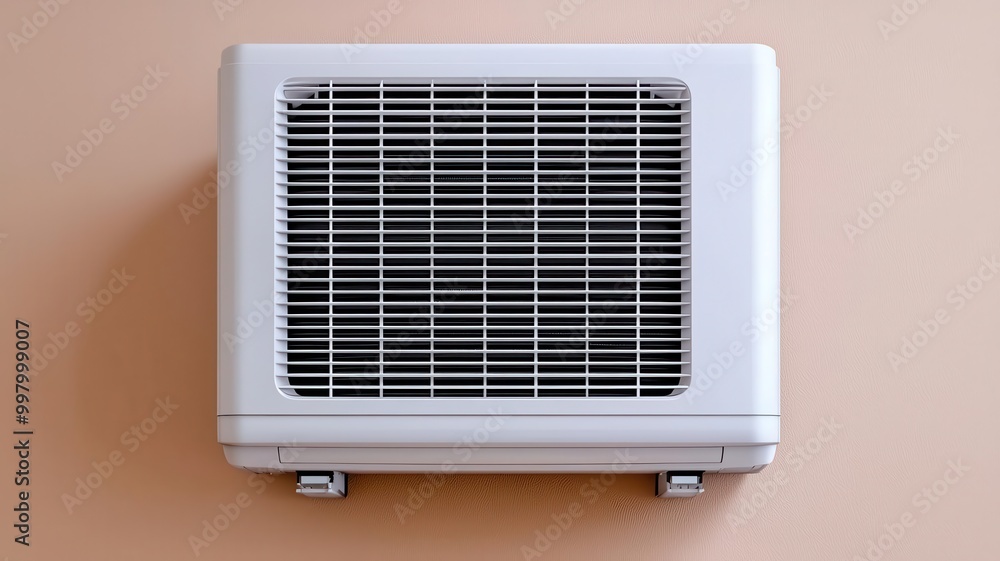 A wall-mounted air conditioning unit against a beige background, featuring a sleek design with a grille for airflow. A wall-mounted air conditioning unit against a beige background, featuring a sleek design with a grille for airflow.