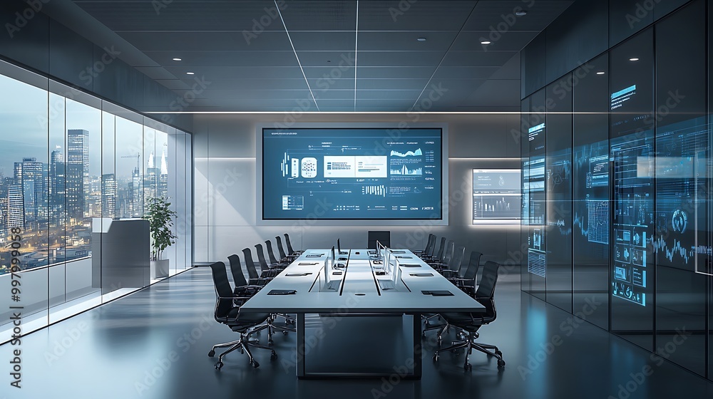 A modern conference room equipped with the latest technology, including a large screen for presentations, smart boards, and comfortable seating. A modern conference room equipped with the latest technology, including a large screen for presentations, smart boards, and comfortable seating.