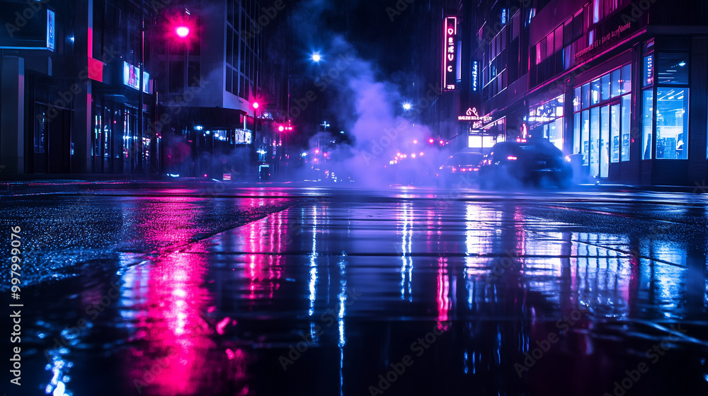 Fototapeta premium Mroczna ulica nocą, na której mokry asfalt odbija intensywne neonowe światła, tworzy surrealistyczny pejzaż.