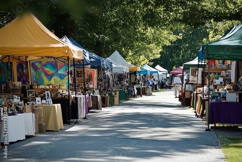 A street with many tents and tables selling items photo