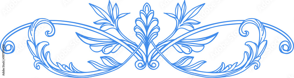Fototapeta premium Composition of elegant botanical elements on a Victorian theme. Thin outline graphic elements in blue on white background. Digital illustration for covers, branding, wedding design.