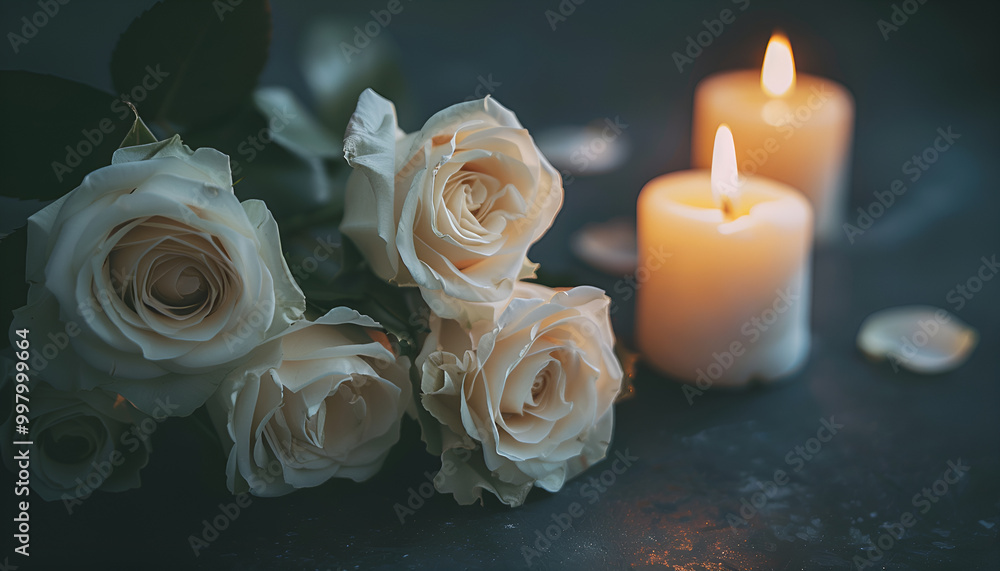 Fototapeta premium Lighted candle and elegant white roses arrangement on dark background. All souls day, Death, decrease, Prayer, Memirial Day, Duel, Mourning, Grave, Cemetery, Burial, Condolence, Cremation and funeral