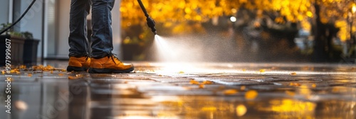 Autumn Pressure Washing: Cleaning Patio with Power Washer.