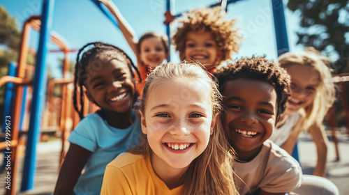 Grupa dzieci różnych narodowości bawi się wesoło na kolorowym placu zabaw, ich śmiech wypełnia powietrze radością. 